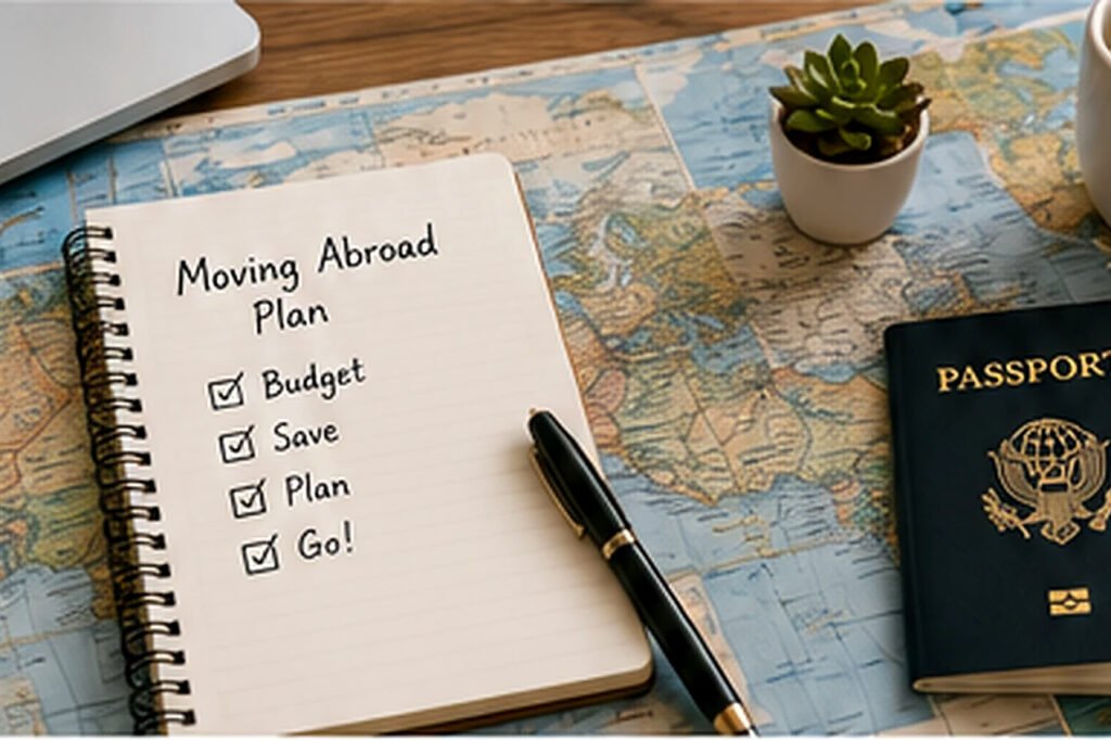 A calm move-abroad planning scene representing the freedom and possibility of building a life overseas