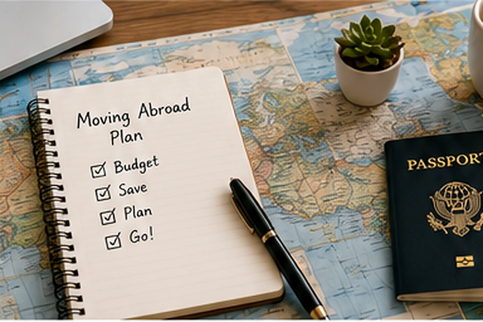 A calm move-abroad planning scene representing the freedom and possibility of building a life overseas