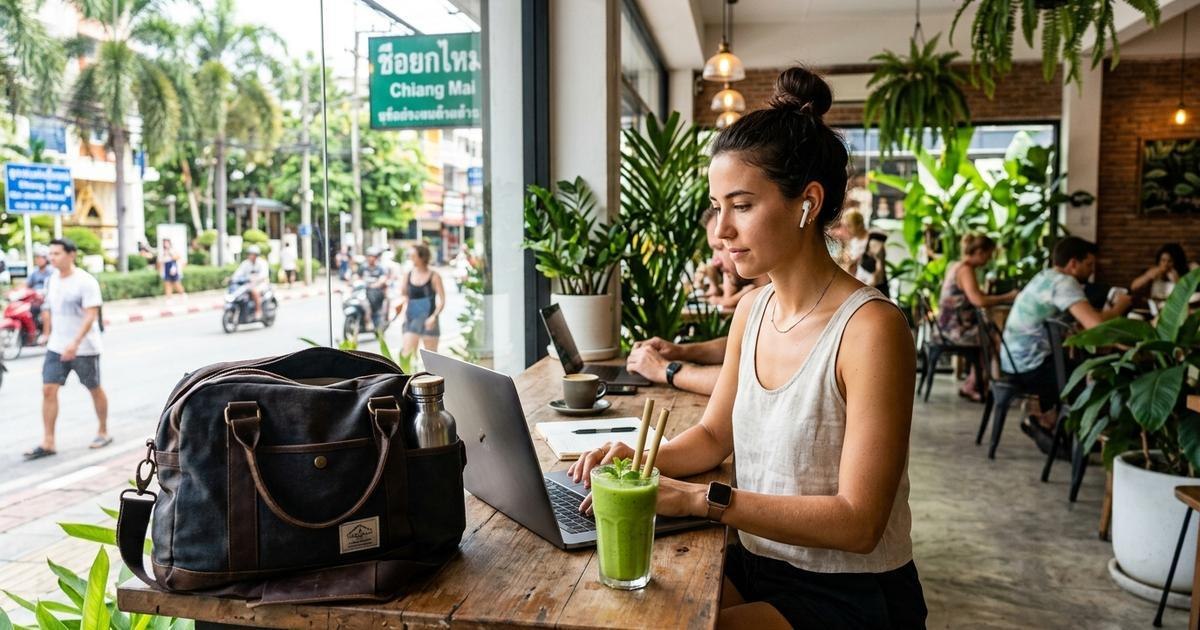 A remote worker using a laptop in a leafy Chiang Mai cafe while everyday city life continues outside