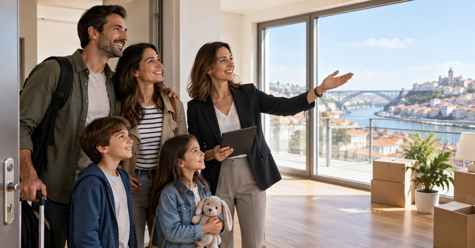 Family touring a new apartment abroad with a local relocation adviser
