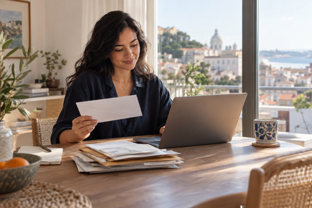 Woman managing mail online while living abroad