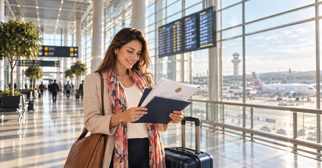 Relieved traveler reviewing certified translated visa documents before an international departure