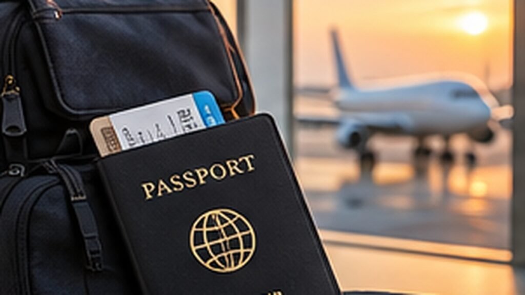 Travel bag and passport representing travel insurance planning for long-term living abroad