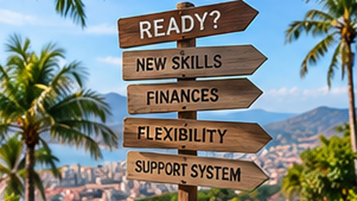 Directional signs in a tropical destination representing readiness to move abroad and start a new chapter