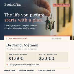 BooksOfTay Move Abroad Planner preview with home keys and an illustrative Da Nang plan: $1,600 monthly spending and $2,000 still to save.